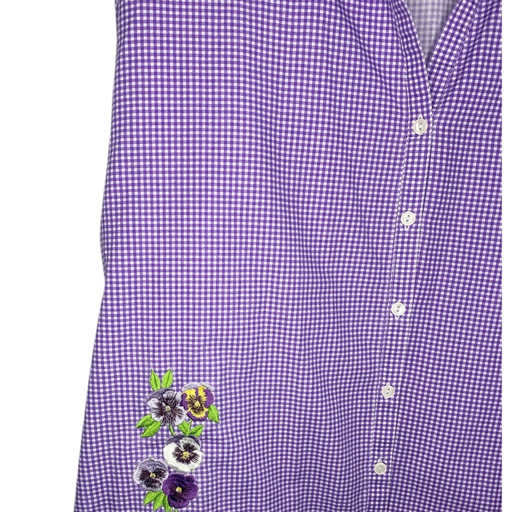 Laso 3XL Purple Check Button Down 3/4 Sleeve w/ Floral Embroidery ~Vintage~ - Picture 3 of 5